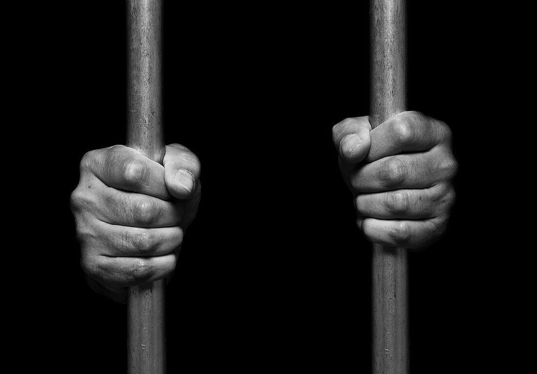 12585481 Person s hands holding prison bars